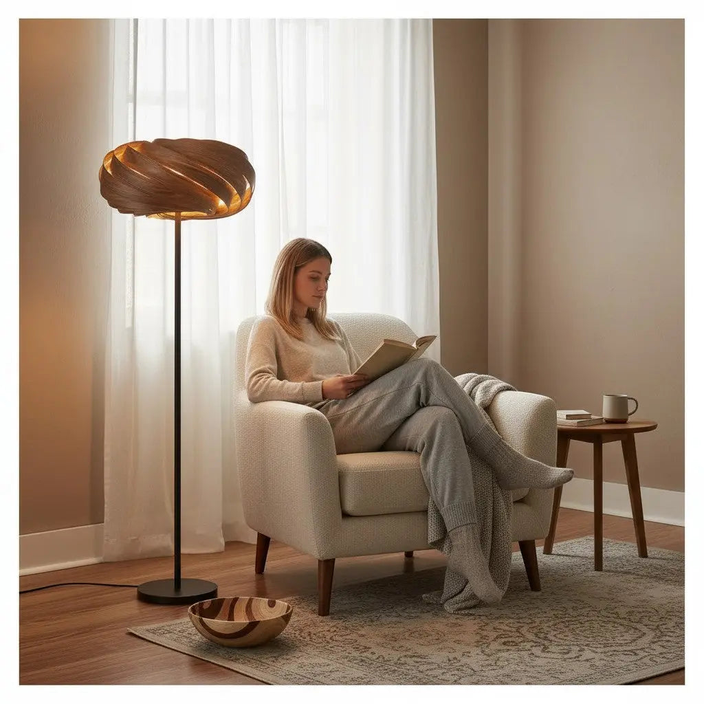 Gofurnit Quiescenta floor lamp with a unique swirling amber wood shade, casting warm light. Woman reading in armchair nearby.