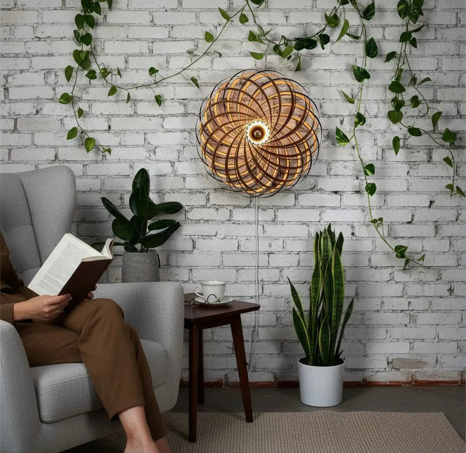 Gofurnit Veneria walnut wood lampshade with a spiral Fibonacci design, emitting warm light.