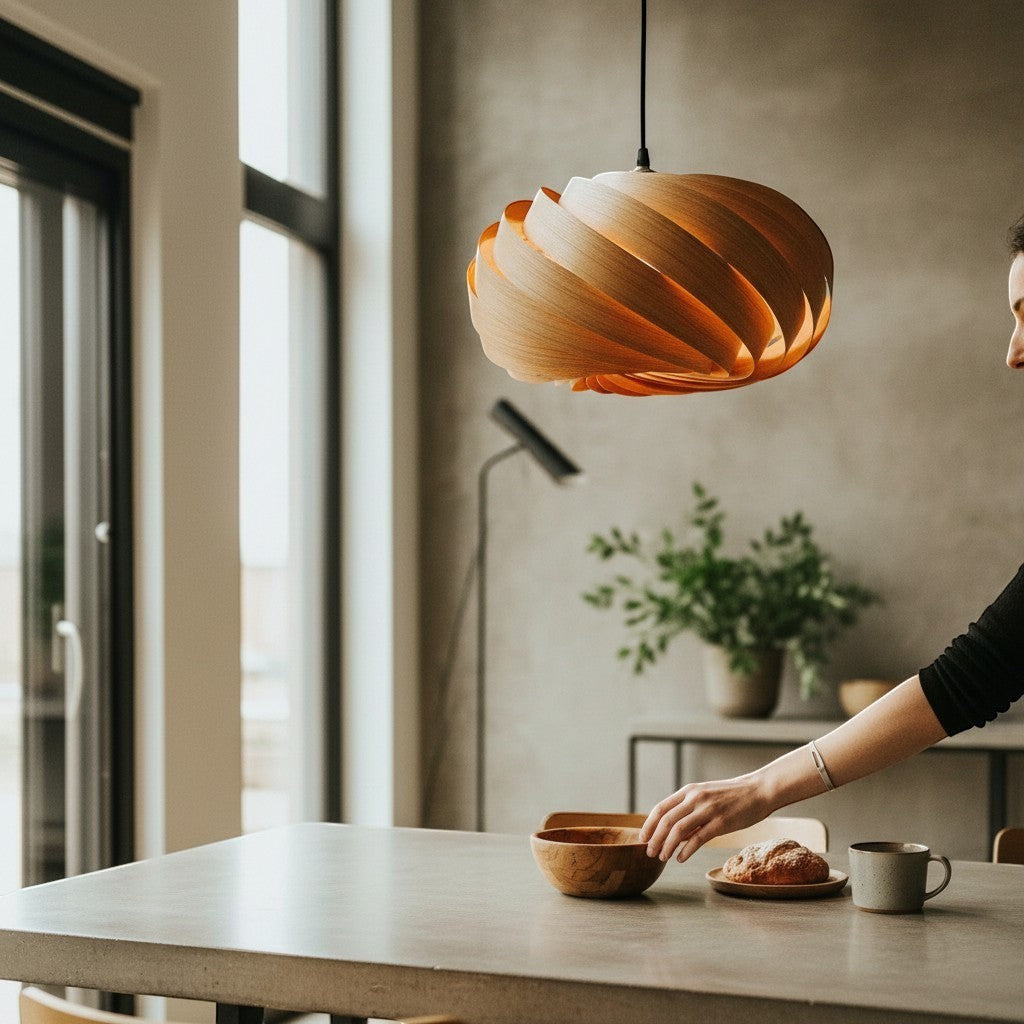 Gofurnit Quiescenta pendant lamp shade made of olive ash wood with a swirling design, 45cm diameter.