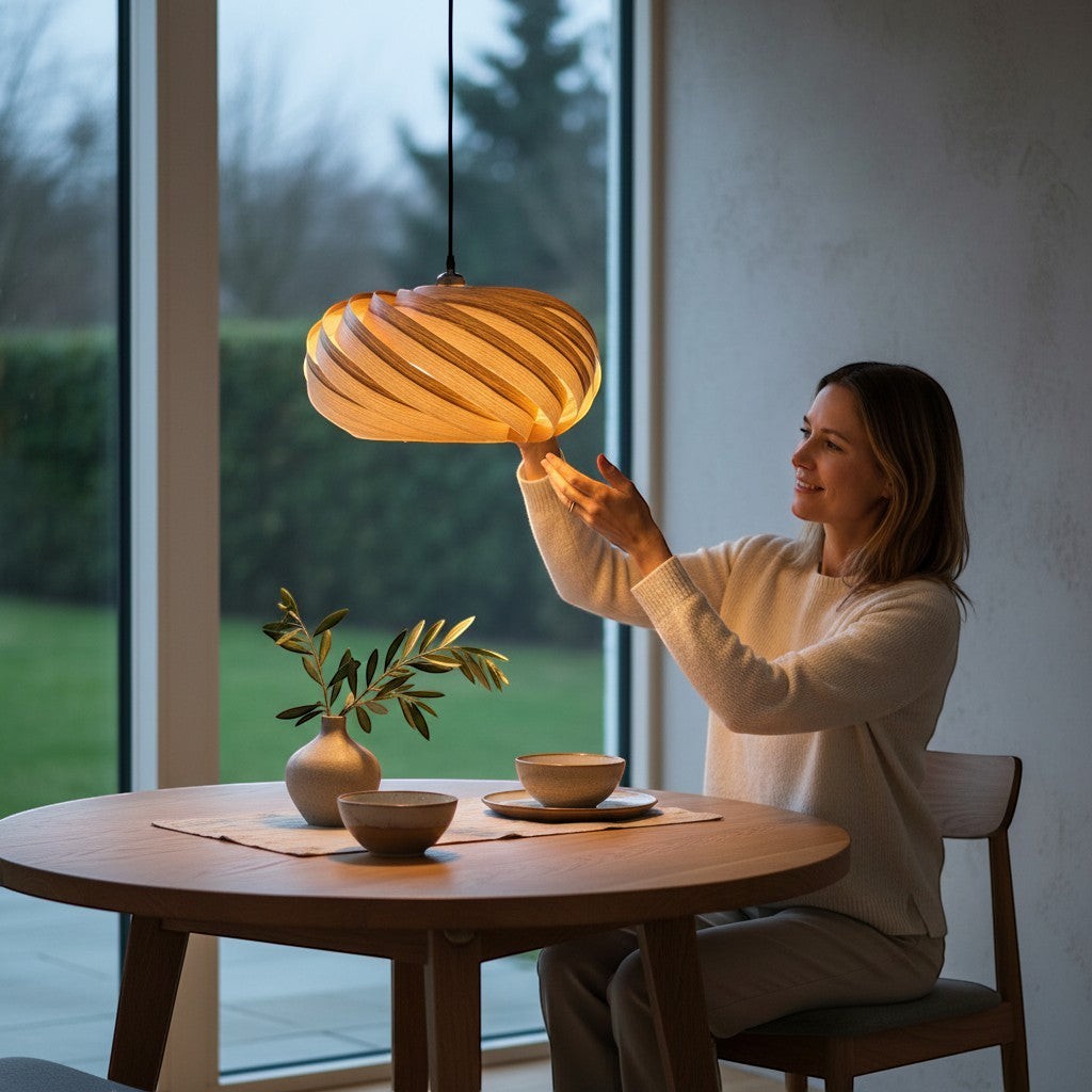 Gofurnit Quiescenta pendant lamp shade made of olive ash wood with a swirling design, 45cm diameter, illuminated from within.