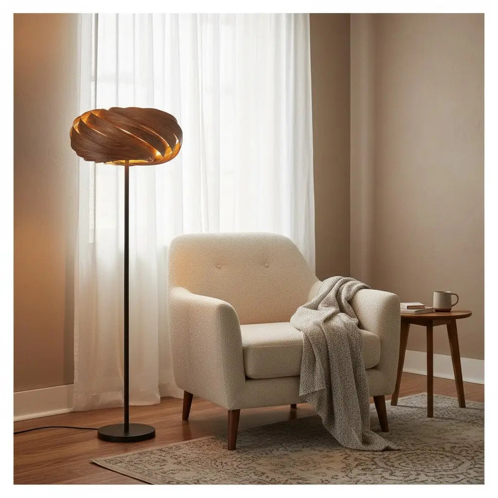 Gofurnit Quiescenta lampshade made of satin walnut wood, 45cm diameter, handmade in Cologne. Features a unique spiral design that glows with warm colors when lit.