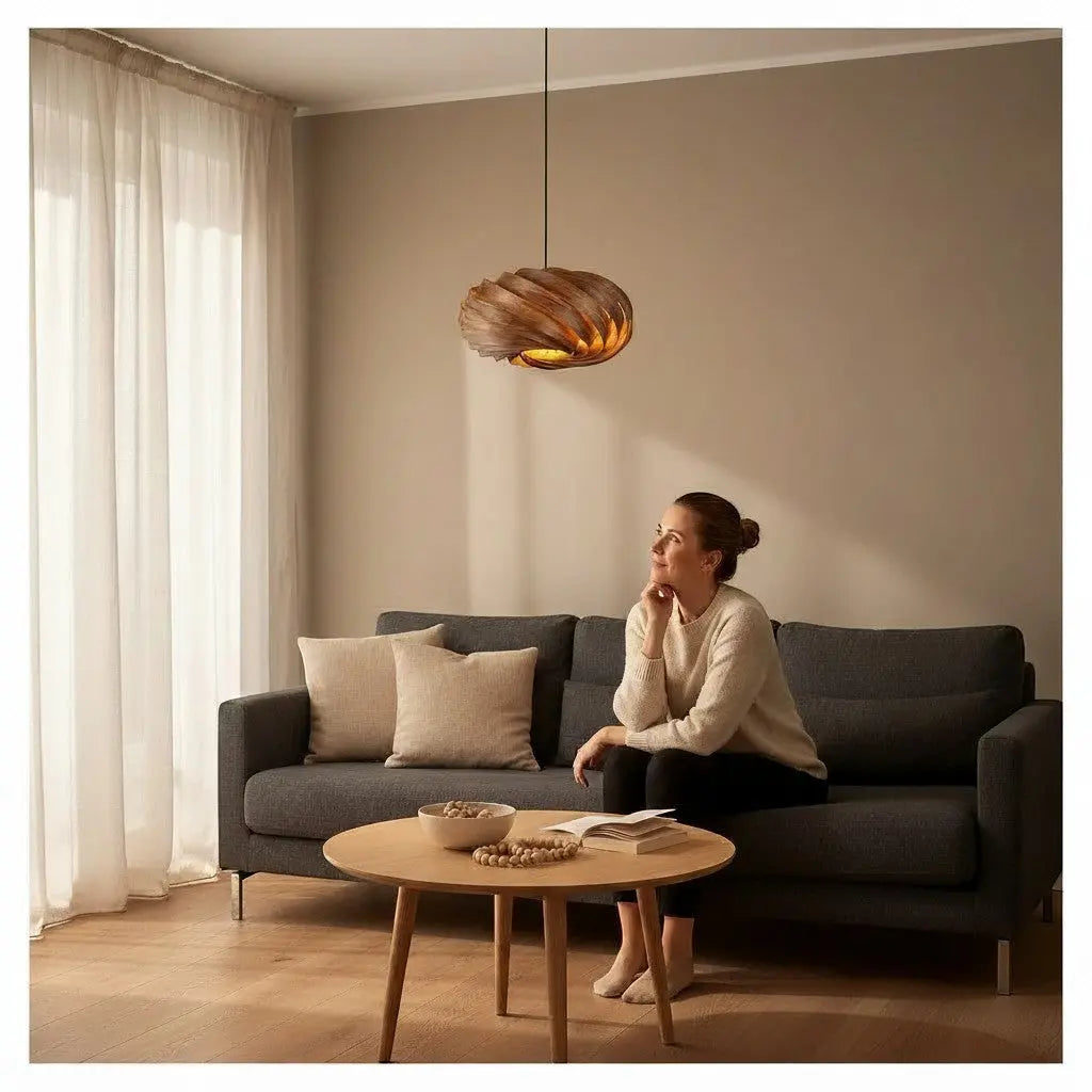Gofurnit Quiescenta pendant lamp shade made of amber wood with a satin-nut finish, 45cm diameter, casts warm light.