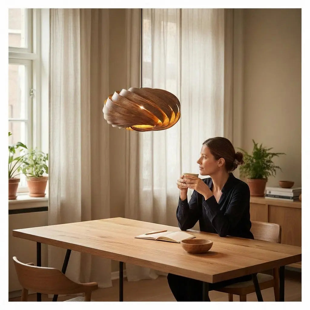 Gofurnit Quiescenta pendant lamp made of satin walnut wood, 45cm diameter, with a unique spiral design that illuminates with warm, natural colors.