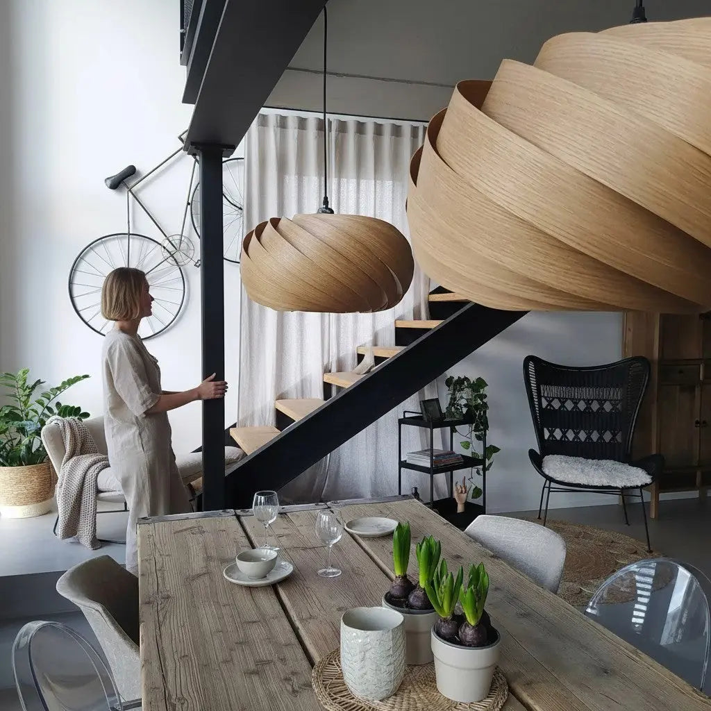 Gofurnit Quiescenta pendant lamp shade made of olive ash wood with a unique spiral design, 45cm diameter.