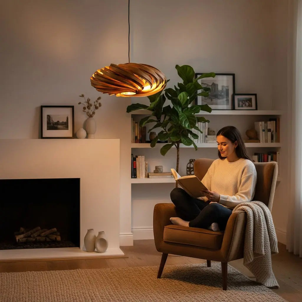 Gofurnit Veneria pendant lamp made of natural amberwood with a swirling, layered design. Warm light glows through the wood.