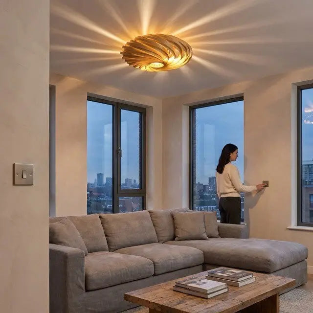 Gofurnit Veneria oak wood ceiling lamp with spiraling wooden slats, casting warm light.