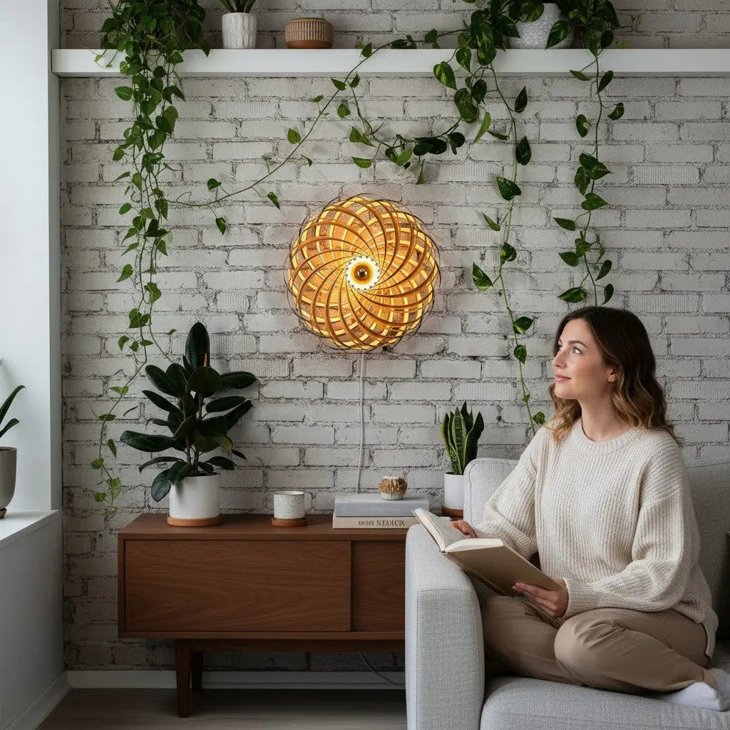 Gofurnit Veneria oak wood lampshade with spiraling wooden slats, 40-80cm diameter, natural wood finish.