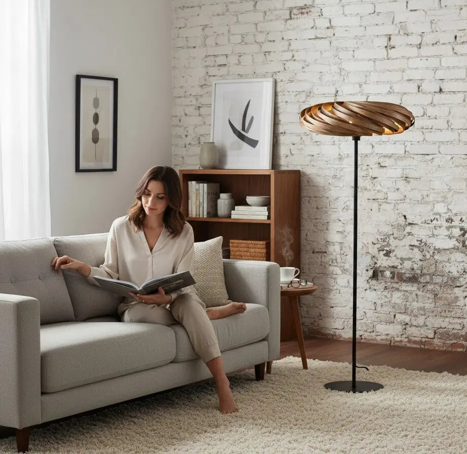 Gofurnit Veneria lampshade made of walnut wood, featuring a modular design with spiraling wooden slats. Warm light emanates from within.