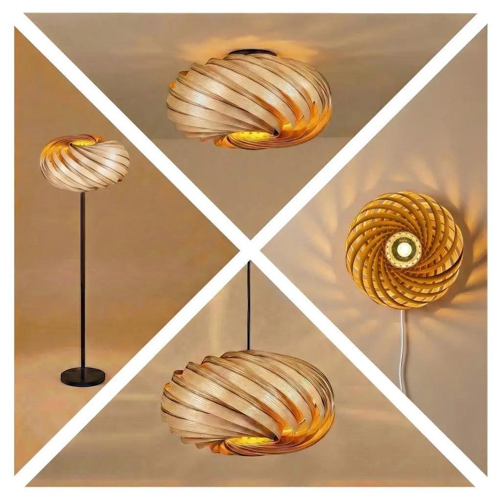 Gofurnit Quiescenta lampshade made of olive ash wood, featuring a unique spiral design and warm, natural wood tones. Shown as a pendant, ceiling, wall, and floor lamp.